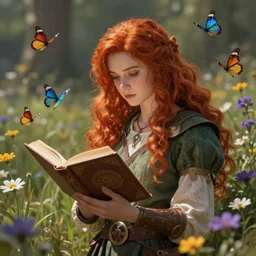 An epic fantasy comic book style portrait painting of a young red headed girl reading a book in a field of flowers surrounded by butterflies in the style of the wheel of time, unreal 5, DAZ, hyperrealistic, octane render, cosplay, RPG portrait, dynamic lighting