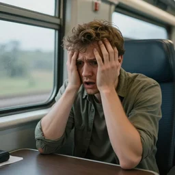 a very confused and scared man riding a train for the first time, 8 5 mm shot