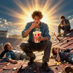 photo of a man eating popcorn, another man on the floor with a broken back, another man on the floor vomiting all over himself, and another man breaking the roof