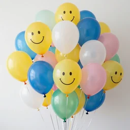 plenty of birthday balloons with a smiley face