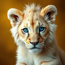 a beautiful portrait, golden background, gorgeous fantasy cute lion baby, professionally retouched, soft lighting, realistic, smooth face, gorgeous blue eyes, long white hair, cute ears, wide angle, sharp focus on the eyes, 8 k high definition, insanely detailed, intricate, elegant, gorgeous, art by artgerm and wlop