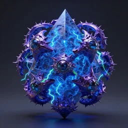 3 d photographic render of a deconstructed asymmetric mandelbulb sculpture, blue bioluminescent chrometype, made of liquid purple metal, neotribal with thorns and green thunders, cyberpunk pyramid, raytraced, hyper realistic, volumetric lightning, 8 k, by zhelong xu and michelangelo
