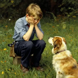 A sad boy his hands at his face looking to a dog, artwork by Norman Rockwell, cinematic view, high quality