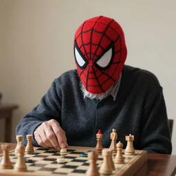 old man wearing a knitted spiderman mask, playing checkers, portrait, annie leibovitz