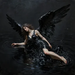 8 k art photography shot art shot, hyperrealistic, hyperdetailed, super detailed, uhd, uhd, 8 k, high resolution, a fallen angel in black fluid simulation, painting by ross tran and ivan aivazovsky, black water