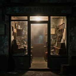 inside a closed antique shop, night time, scary, fog in the background