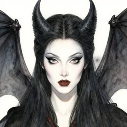 dark fairy queen closeup face surrounded by bat wings, art by luis royo and walter crane and kay nielsen, watercolor illustration,