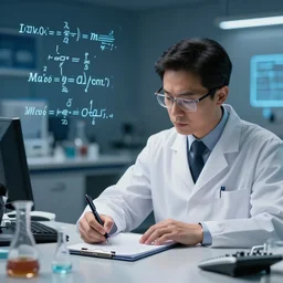 scientist writing down the formula to teleportation and time travel.