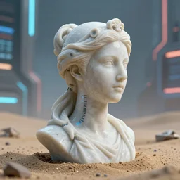 the head of a marble cybernetic lady justice statue on ground covered in sand, cyberpunk background, highly detailed, epic lighting, hyper photorealism, 8 k