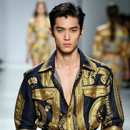 A beautiful portrait of Sui He as a Versace fashion model Spring/Summer 2012, digital art by Eugene de Blaas and Ross Tran, vibrant color scheme, highly detailed, in the style of romanticism, cinematic, artstation, Greg rutkowski