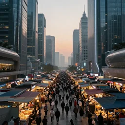 busy marketplace in a futuristic city during dawn