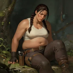 out of shape tired obese Lara Croft in the style of Boris Vallejo