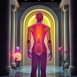 “ a beautiful mannequin made of glass printed in 3 d geometric neon kintsugi!!, facing a doorway opening with a neon yellow light, vaporware flowering iridescent pineapples + tulips, inside a room with marble columns, transcendent, vibrant color, clean linework, finely detailed, 4 k, trending on artstation, photorealistic, volumetric lighting, octane render ”