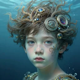hyperdetailed underwater windy close up fine art portrait of a boy with jewelled hair and mycelium hair, highly detailed, digital painting, artstation, smooth, sharp focus illustration, artstation hq. intricate, elegant. art by wlop and artgerm and greg rutkowski, alphonse mucha, dan mumford, tomokazu matsuyama, takato yamamoto