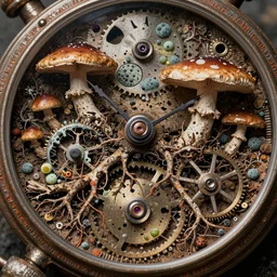 detailed view from inside wet ink a clockwork watch landscape, entangled roots covered in mushrooms, cracked earth, living spore microorganisms, decaying, rusty, hyper realistic photo, full colour, upscale, 8 k