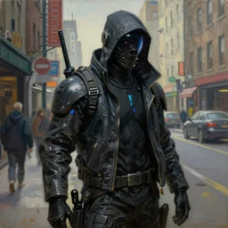 a painting of a cyberpunk netrunner, street level, oil on canvas in the style of (Gustave Doré), 4k, 8k, HD, trending on artstation
