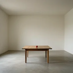 A 10ft by 10ft room empty except for a table in the middle, table is centered and has an apple on it