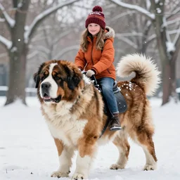 girl riding a giant saint Bernard in a snowy park