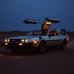 photograph of a madmax style delorean