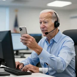 joe biden taking a selfie while working as a tech support call center representative