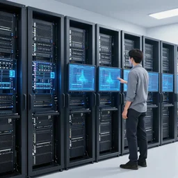a man standing in front of a wall of monitors computers mainframe