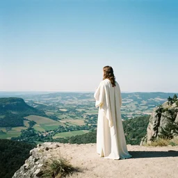 a unique analog photo of jesus and mary magdalene standing on a cliff looking over a beautiful landscape, arcadia