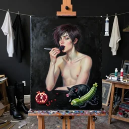 realistic painting of a black painted canvas, on an easel in a messy artist's studio with black walls, emo artist eating blackberries, knife, paint tubes, clothes hanging up to dry, high black boots, pomegranate, a black pig, courgette, black octopus, sensual, surrealist, acrylic and oilstick on canvas
