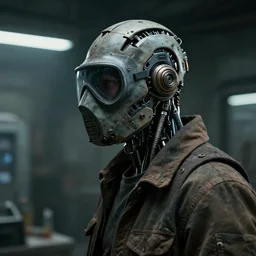 a half - masked rugged laboratory engineer man with cybernetic enhancements as seen from a distance, scifi character portrait by greg rutkowski, craig mullins, gareth beedie, 1 / 4 headshot, cinematic lighting, dystopian scifi gear, gloomy, profile picture, mechanical, cyborg, half robot, implants, dieselpunk