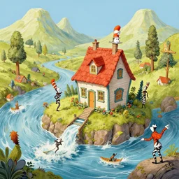 beguiling epic stunning beautiful insanely detailed landscape matte painting of a house being taken by the roaring river designed by dr seuss and michal karcz, by cyril rolando and asher durand and natalie shau, whimsical, intricate