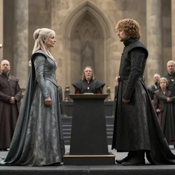 tyrion lannister facing off against cersei lannister at the middle family feud face off podium, set photo, photorealistic, wide angle