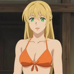 beautiful blond woman in orange tribal bikini, blond hair pulled back off the face, green eyes, by makoto shinkai, 8 k, high resolution render, cinematic color grading, clean lineart and flat color,