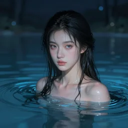 extremely pretty portrait of a lady upper body in a magical lake, half submerged in water, highly detailed, digital painting, artstation, night scene, wlop concept art, smooth, sharp focus, illustration, art by artgerm and greg rutkowski, 8 k