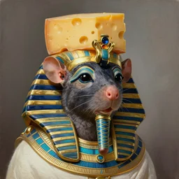 realistic portrait beautiful painting depicts Ratatouille as King Pharaoh crowned with cheese in Ancient Egypt. created by Michaelangelo, trending on Artstation,high detailed, digital art.