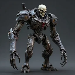 grimdark horrific robot, skull helmet, very long limbs, unreal engine, 8 k, ultra realistic, ultra detail