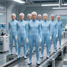 group of athletic humans with light blue neoprene suits and white hair standing in tight formation on a conveyor belt, futuristic laboratory, sci - fi, highly detailed, hyperrealistic