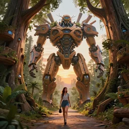 young woman walks down alley between giant wooden mecha building futuristic giant wooden tree trunk buildings, organic wooded self growing building, solarpunk, forest canopy understory, cinematic lighting, sunset, octane render, 3 d pixar disney digital cgi rtx hdr painting, highly detailed, artstation cgsociety masterpiece, by syd mead, greg rutkowski, wlop, artger