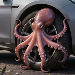 octopus wrapped around a car wheel, tentacles around a car wheel, illustration, artstation, detailed, smooth