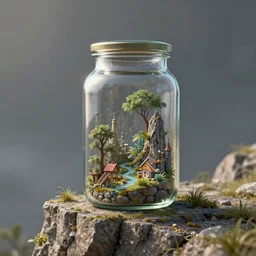 a micro world inside a glass jar sitting on the edge of a Cliff, realistic, unreal engine 5, trending on artstation, Fantasy style, object , high detail -4