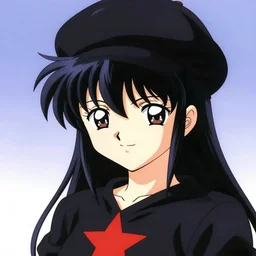 anime girl wearing large black beret, black shirt with red star, smug grin, cel - shading, 2 0 0 1 anime, flcl, jet set radio future, golden hour, japanese town, concentrated buildings, japanese neighborhood, electrical wires, cel - shaded, strong shadows, vivid hues, y 2 k aesthetic