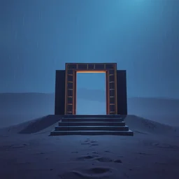 in the rain, a lonely epic door stands on the gobi desert, in which the steps leading to the moon palace. octane render, ultra wide view, slr camera. 8 k. grey blue, light gold and dark purple color scheme.