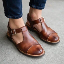 sperry brown leather sandals with extremely long toe points, photorealistic