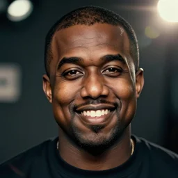 mugshot of the face of old and very obese kanye west at 2 0 0 years old, smiling into the camera. cinematic lighting, ray tracing, octane render, long lens, shallow depth of field, bokeh, anamorphic lens flare, 8 k, hyper detailed, 3 5 mm film grain