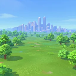 serene landscape with a city on the Background in the style of Sims 4