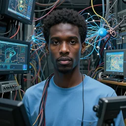 zoomed out, a dark male in light blue clothes, crowded with wires and computers and neural networks, realistic face, zoomed out, sci - fi, ai, 4 k realistic, artem demura. alphonse mucha