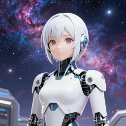makoto shinkai. robotic android girl. futuristic cyberpunk. dystopia. vibrant nebula sky.................................................................................................................white robotic cyborg arm.
