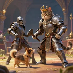 a cat king in full armor fighting a small dog in an arena, fantasy art, volumetric lighting vibrant, intricate, textured skin, highly detailed, artstation, sharp, focus, anna dittmann, ilya kuvshinov, nikolay makovsky