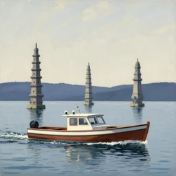 a boat crosses a lake, three stone spires in the distance, in the style of Ted Nesmith and Larry Elmore