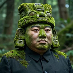 headshot kim jong ill as an ancient mossy aztec statue in a forest
