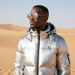 photo, black man, silver metallic moncler jacket, silver reflective circular sunglasses, sahara desert