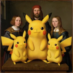 A pikachu family portrait, Family portrait, guild commission, Florentine school, sfumato, still life, al fresco, oil on canvas, Artwork by Hubert van Eyck